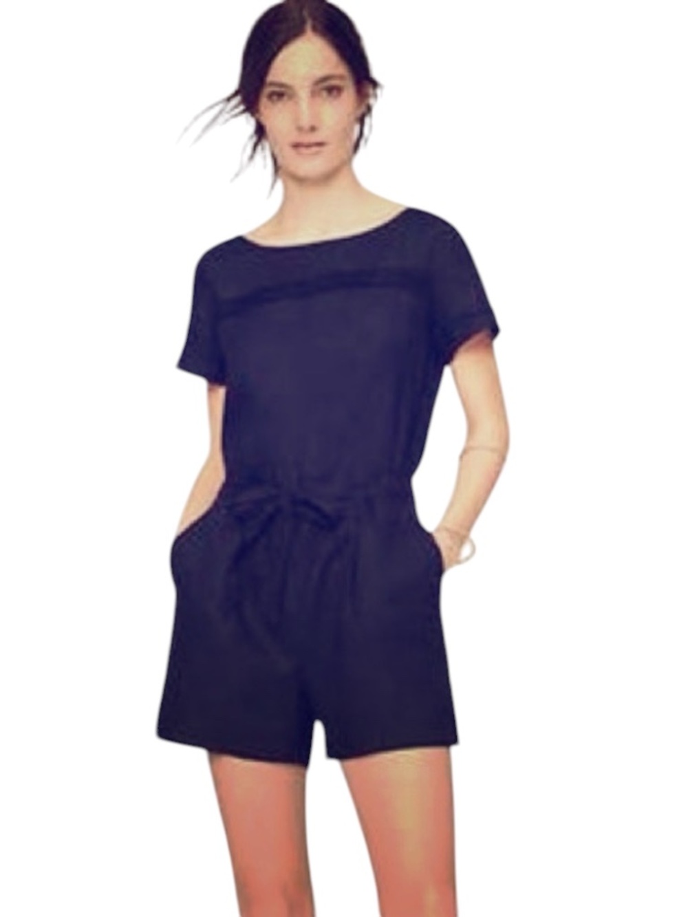 Loft Navy Blue 100% Linen Romper Tie Belt Size 6